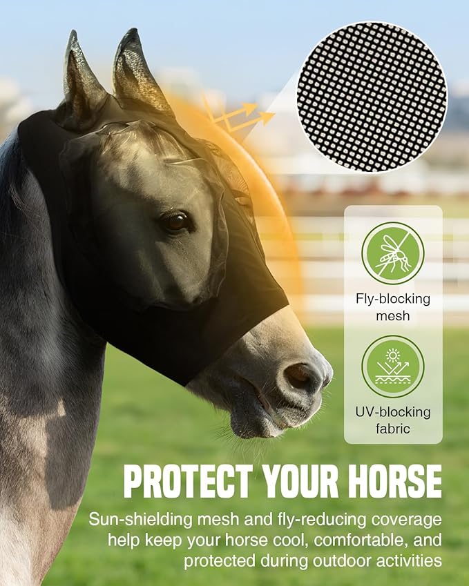 JWODVNTH Fly Masks for Horses with Ears - Large Eye Space, Comfort, UV-Block - Horse Fly Mask for Daily Stable, Hot Weather Riding, and Competition - Cob, Black