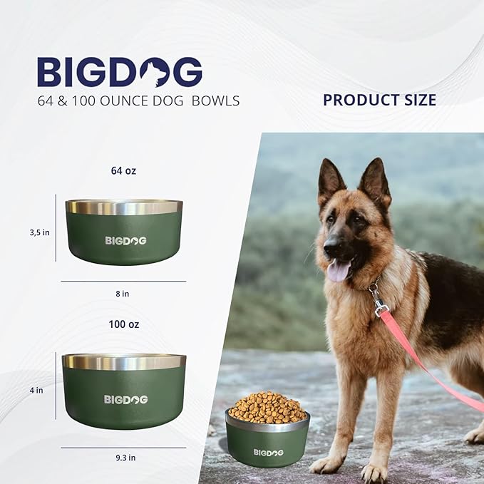 BigDog Dog Bowls, Dog Bowls for Large Dogs, Stainless Steel Dog Bowls, No Spill Dog Bowls, Dog Food and Water Bowl (100 Ounce, Army Green)