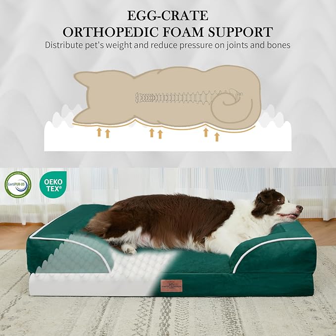 Comfort Expression Large Dog Beds Waterproof Orthopedic Foam Dog Sofa Beds Comfy Pet Bed with Washable Removable Cover & Non-Slip Bottom(Large,Emerald)