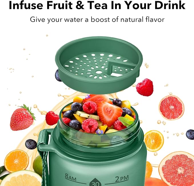 32oz Motivational Water Bottles with Time Marker & Fruit Strainer, Transparent Gradient Color Water Bottle with Times to Drink, Leakproof & BPA Free, Reusable Bottle with Strap (No Straw)