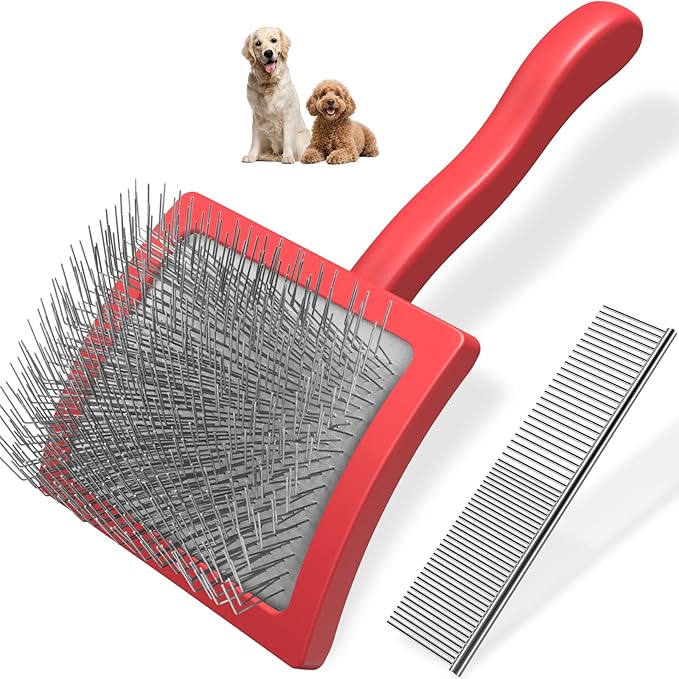 2PCS Slicker Brush for Dogs & Pet Comb,Professional Dog Grooming Brush (Goldendoodles,Poodles,Labradoodles) with Extra Long Pins to Effectively Remove Tangles, Knots and Mats (Red)