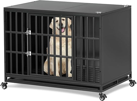 42 inch Heavy Duty Dog Crate with Self-Locking Latch, Indestructible Steel Large Kennel with Enclosed Design, Chew-Proof and Escape-Proof Pet Cage for High Anxiety Dogs