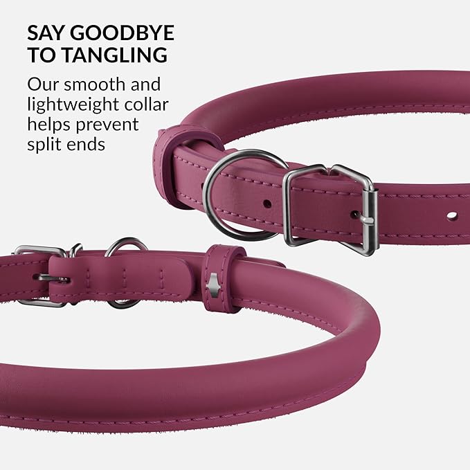 CollarDirect Rolled Leather Dog Collar, Soft Padded Round Puppy Collar, Handmade Genuine Leather Collar Dog Small Large Cat Collars 13 Colors (6-7 Inch, Pink Smooth)