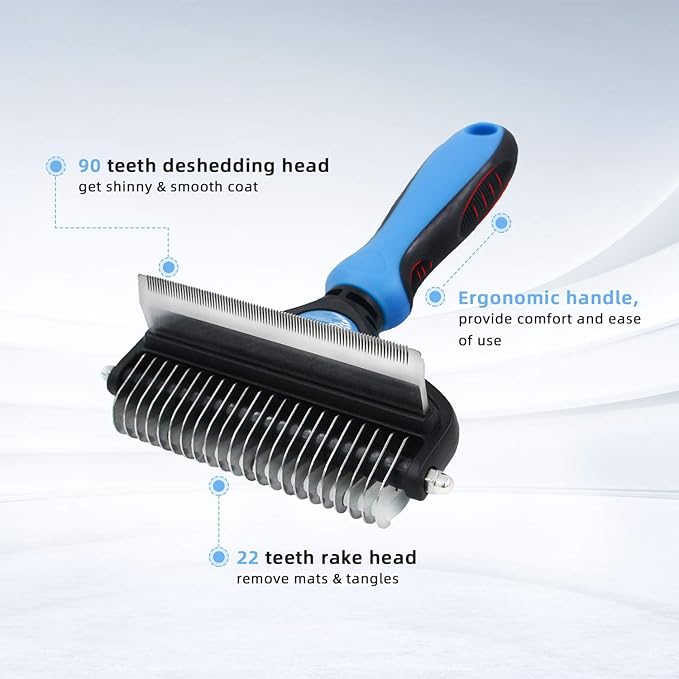 Pet Grooming Tool - 2 Sided Undercoat Rake for Cats & Dogs - Safe Dematting Comb for Easy Mats & Tangles Removing