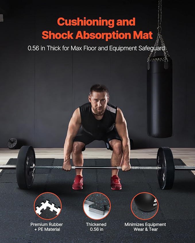 VEVOR 0.56 Inch Thick Gym Floor Tiles, 25 Tiles Rubber Top with EVA Foam, 25" x 25" Gym Flooring Workout Mats with 100sq.ft Coverage, Interlocking Puzzle Gym Mats for Gym, Home, Garage, Black & Blue