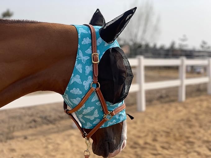 Horse Fly Mask Super Comfort Horse Fly Mask Elasticity Fly Mask with Ears We Only Make Products That Horses Like… (Lake Green, L)