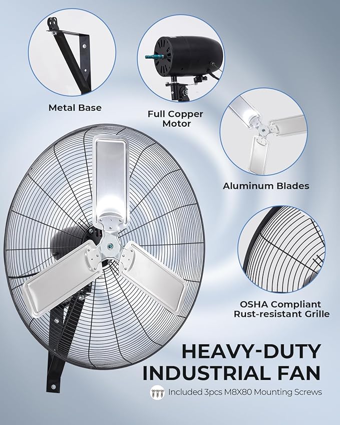 30 inch Wall Mount Fan Oscillating, 3-Speed 8850 CFM High Velocity Industrial Wall Mounted Fan, Heavy Duty Air Circulator for Garage, Shop, Gym, Workshop, Covered Patio - UL Listed