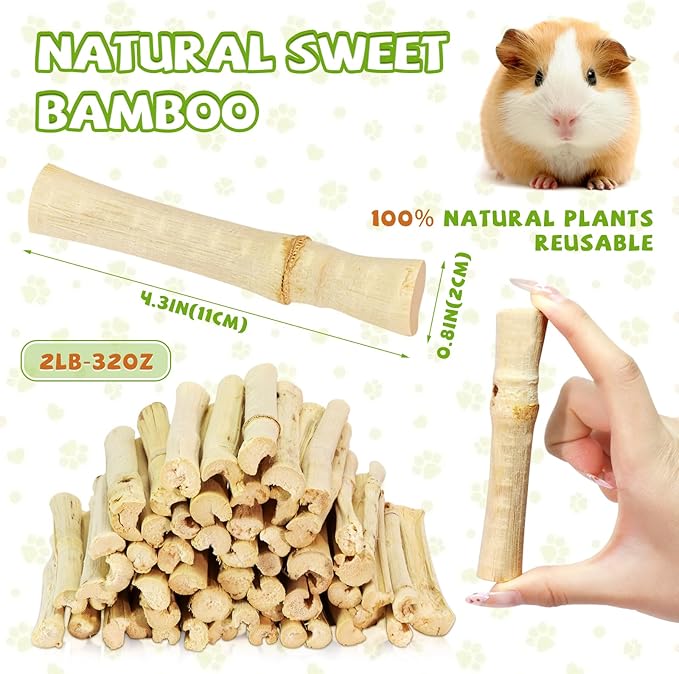 2lb Natural Sweet Bamboo Chew Toys for Small Pets - Organic Molar Sticks with Xylose & Vitamins for Rabbit, Guinea Pig, Hamster - Dental Care & Chewing Entertainment