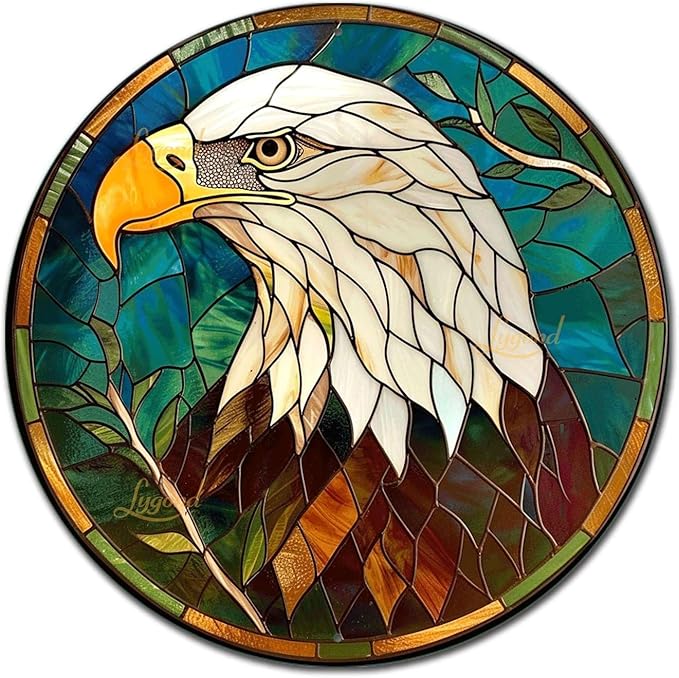 Lygond Metal Sign Tin Sign Circular Stained Glass Bald Eagle Boho Decorations for Home for Bar 8×8 Inches