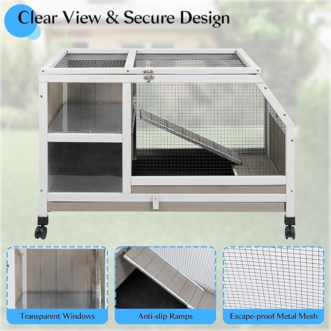 36''L Rabbit Hutch Outdoor with Casters and Run, Wooden Indoor 2 Story Guinea Pig Cage with Divider Panel, Pull Out Tray, Rabbit Duck Bunny House for Small to Medium Animals and Pet Lover, Gray