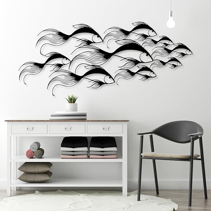 School of Fish Metal Wall Art, Metal Fish Wall Decor, Sea Life Wall Art, Large Nautical Wall Hanging, Modern Beach House Wall Decor, Ocean Themed Artwork for Bathroom (White, 48"x20" | 121x51cm)