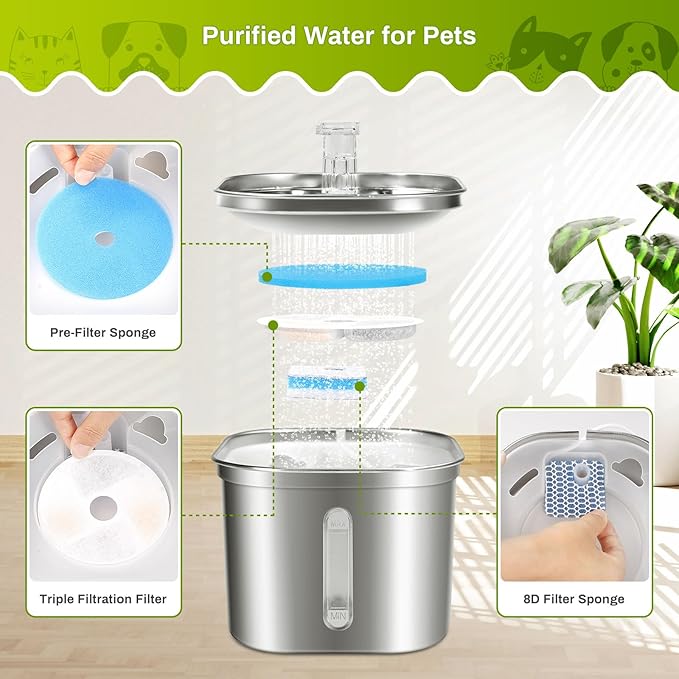 5 Set Cat Water Fountain Filter Replacement for Square 2.2L/73oz Stainless Steel Cat Fountain, ZEKIRY Pet Fountain Filter, Triple Filtration Replacement Filters(5 Filter, 5 Sponge, 5 8D Sponge)