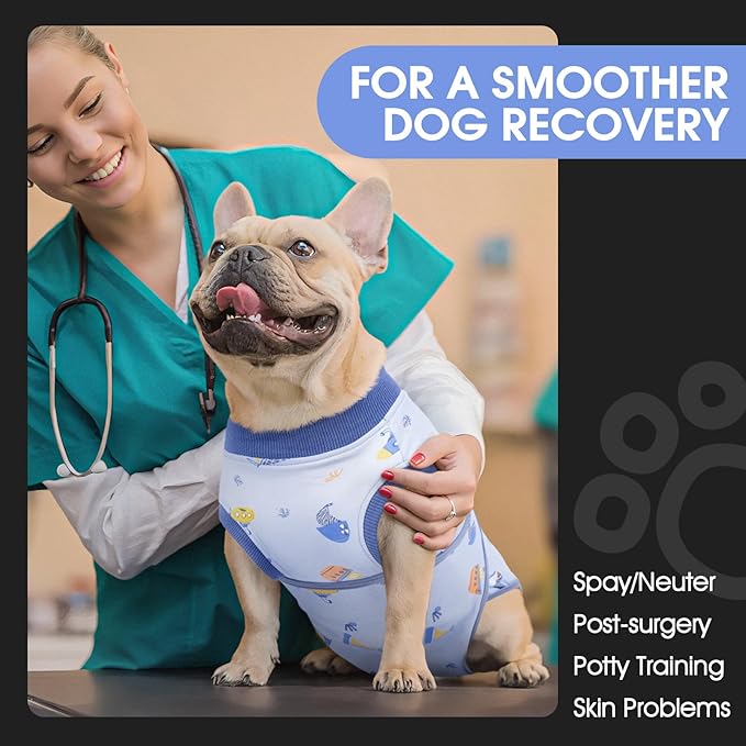 FUAMEY Recovery Suit for Dogs After Surgery,Soft Breathable Dog Bodysuit E-Collar & Cone Alternative Surgical Suit,Male Female Dog Neuter Spay Suits Anti Licking Wounds Onesie Blue Boat XS