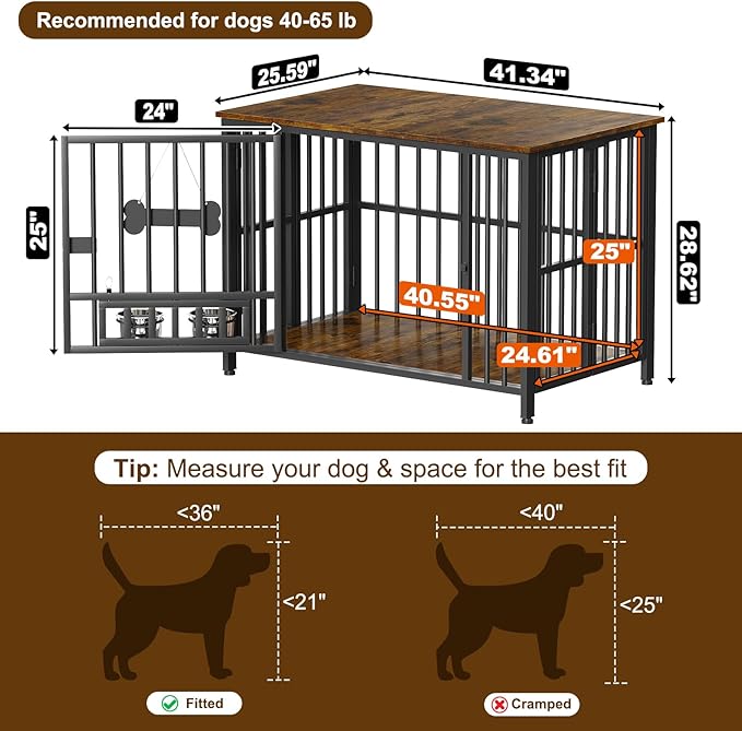 Easycom 41" Dog Crate Furniture Foldable, No Assembly Decorative Dog Kennel Indoor, Dog Crates for Large Dogs (40–65 lbs), Wooden Dog Cage with Adjustable Bowls and Name Tag, End Table, Rustic Brown