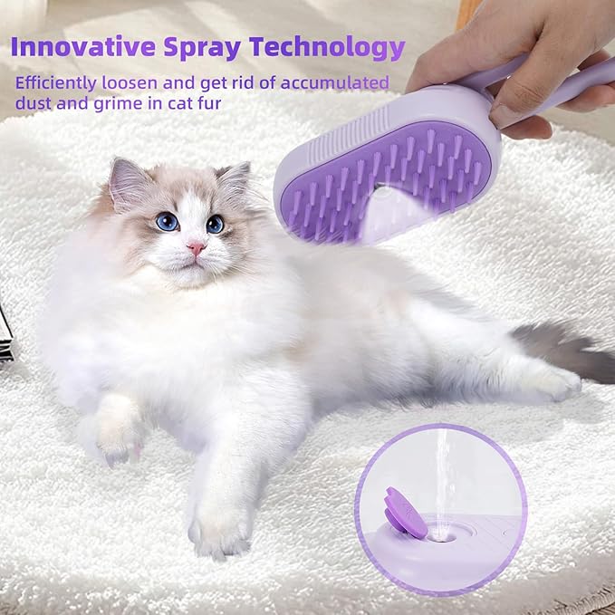4-in-1 Rechargeable Anti-Dandruff Pet Steam Brush — brush for sheddingCats & Dogs,pet hair removal tool. Integrating functions of massage,clean, hair grooming and anti-static (purple)