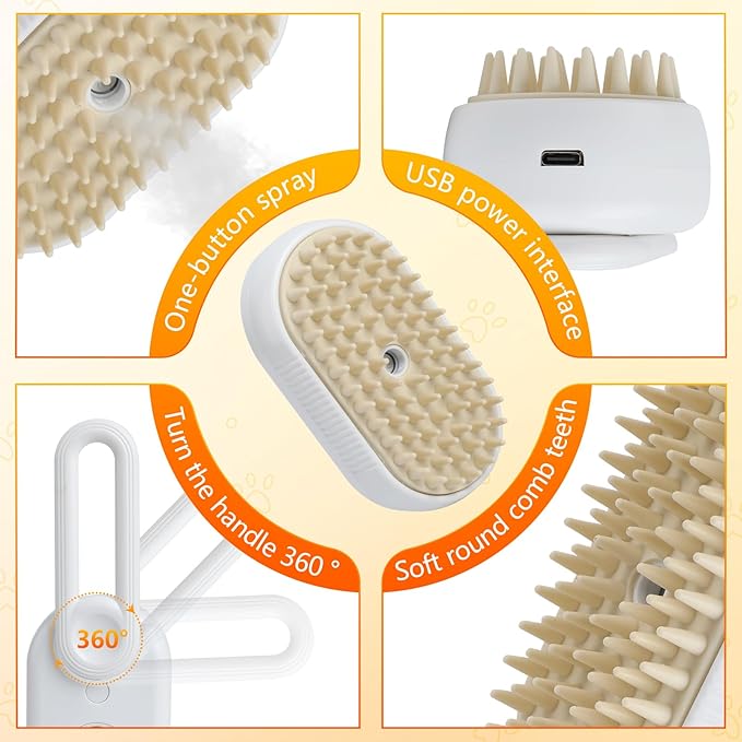 4 in 1 Cat Steam Brush for Shedding, Rechargeable Pet Steam Groomer Brush, Massage, Cleaning, Shedding & Combing Multifunctional Hair Removal Comb for Cats Dogs (Cream color)