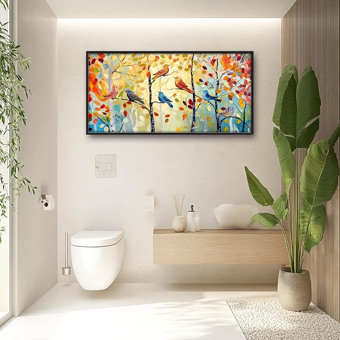 Extra Large Framed Abstract Bird Forest Wall Art,Colorful Birds Birch Tree Wall Decor Pictures for Living Room,Canvas Print Painting Modern Artwork Bedroom Office Bathroom Home Decor 60L x 30W
