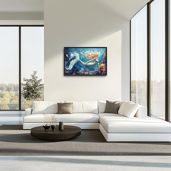 Extra Large Framed Mermaid Wall Art,Oversized Undersea Ocean Wall Decor,Colorful Coral Reefs Pictures for Living Room,Elegant Canvas Print Painting Modern Artwork Bedroom Bathroom 36L x 24W