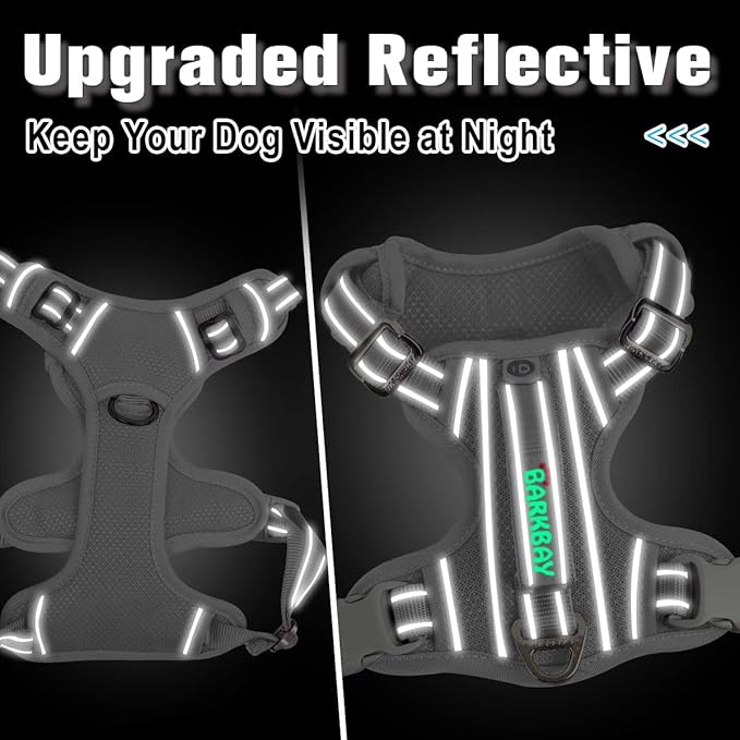 BARKBAY Dog Harness No Pull with ID Tag Pocket - Heavy Duty, Reflective, Easy Control for Large Dogs(Grey,S)