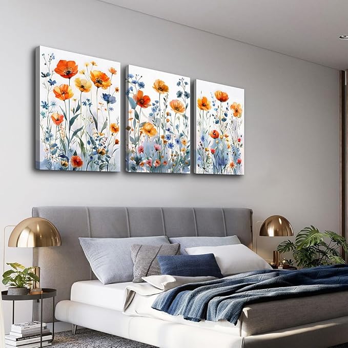 TTHYUEWS Large Canvas Wall Decor for Living Room Boho Wall Art for Bedroom Wall Decorations For Kitchen Family Room Wall Pictures Artwork Flowers Watercolour Paintings Modern Home Decor 3 Pieces