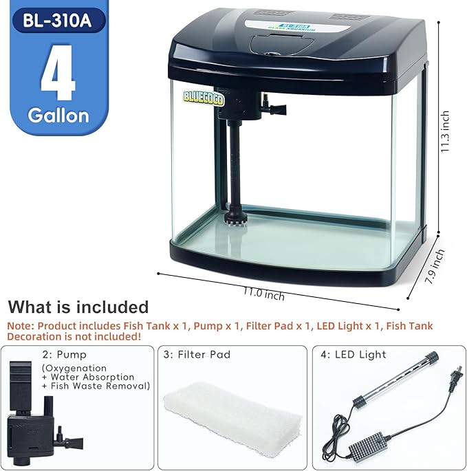 4 Gallon Glass Aquarium Starter Kit with Flip-Top Feeding Port for Betta Fish: Crystal Clear 360° Viewing, Eco-Cycle Filtration, Air Pump, and LED Lighting