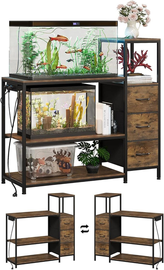 20 Gallon Aquarium Stand with Power Outlets Fish Tank Stand with 3 Drawers Metal Frame Heavy Duty Reptile Tank Stand with 3-Tier Storage Shelves,Left/Right Assembly, Adjustment Height