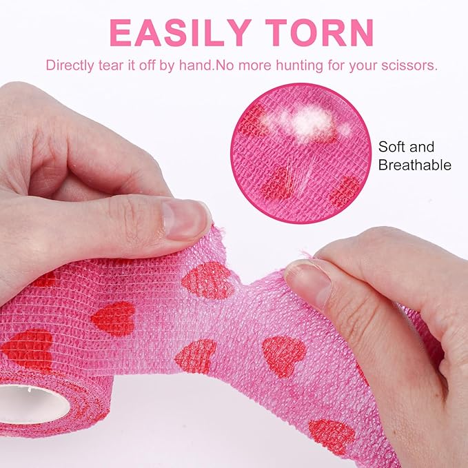24 Pack Self Adhesive Vet Wrap & Medical Tape, 2 Inch x 5 Yards Cohesive Bandage Wrap - Pink Heart Grip Tape for Ankle, Wrist Sprains, Sports, Pet First Aid