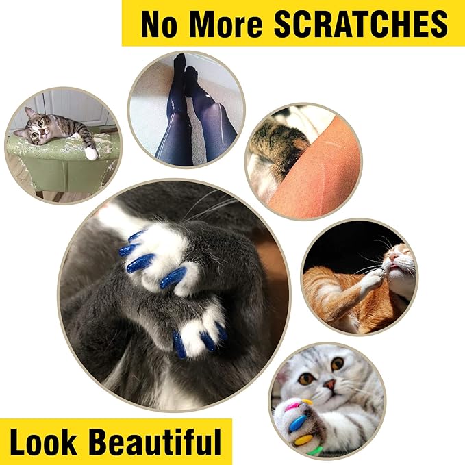 zetpo 100 pcs Cat Nail Caps | Cat Claw Covers | with Adhesives and Applicators (XS, Purple, Violet, Blue, Sky Blue, Turquoise)