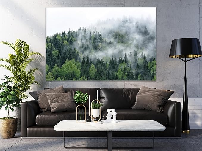 Nature Wall Art Prints - Ocean Forest Mountain Lake Canvas Landscapes - Small to Extra Large Living Room Bedroom Kitchen Bathroom Décor (Pine Trees in Fog, 16L" x 24W")