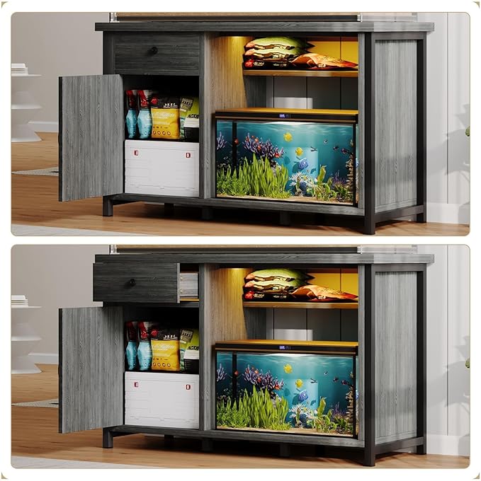 4ever2buy 55 Gallon Fish Tank Stand with LED Light & Power Outlets, 55-75 Gallon Aquarium Stand with Drawer & Barn Door, Cabinet for Fish Tank Accessories Storage for Reptile Tank, Turtle Tank, Gray