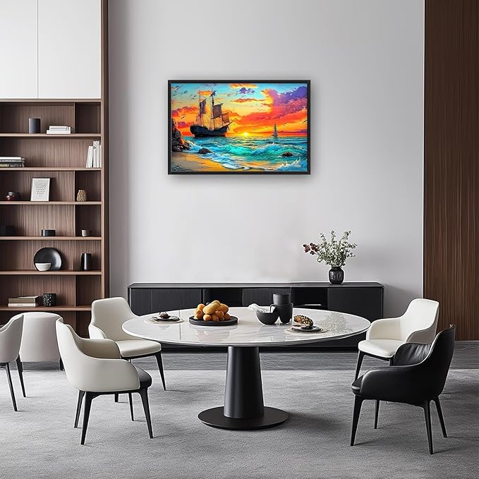 Framed Large Ship Wall Art for Living Room, Oversized Coastal Beach Boat Wall Decor Nautical Seascape Sailboat Canvas Painting Modern Artwork Home Decoration for Living Room Bedroom 36"x24"