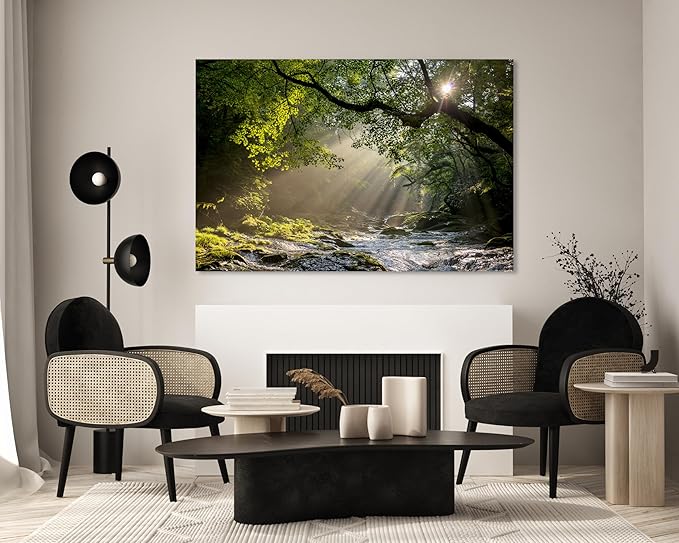 Nature Wall Art Prints - Ocean Forest Mountain Lake Canvas Landscapes - Small to Extra Large Living Room Bedroom Kitchen Bathroom Décor (Rocky River in the Woods, 28L" x 41W")