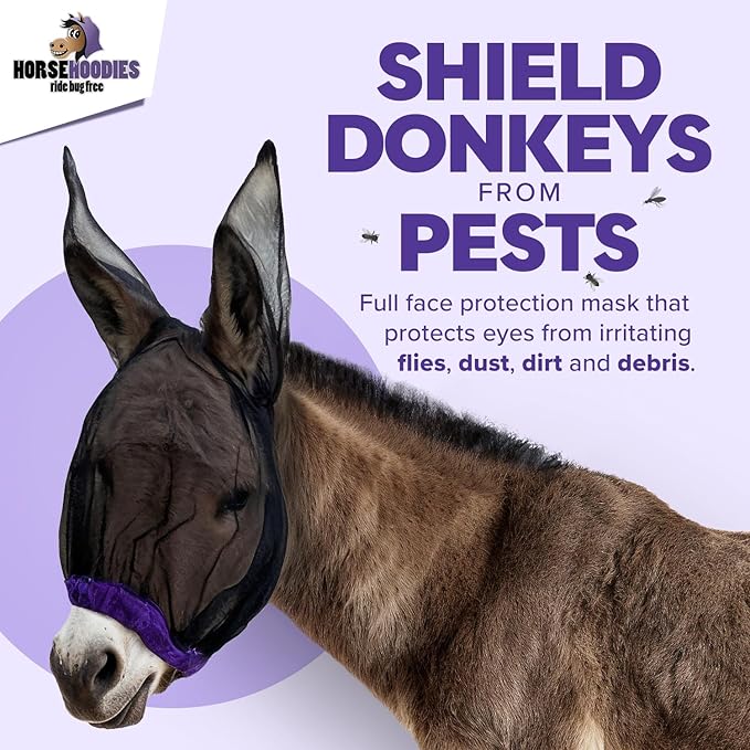 Donkey Fly Mask with Long Ears (Aqua) Made in USA - Mule Fly Mask with Ears Protection from Insects and Bugs, Small Donkey Soft Mesh Fabric with Adjustable Fastener, Face Cover Supplies for Donkeys