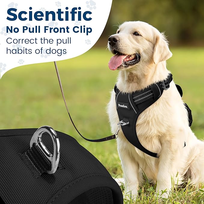 Funfox Dog Harness No Pull, Adjustable Dog Vest Harness, Super Soft Material with Vertical Handle Easy Control, Reflective Night Walking, 2 Leash Clips for Small Medium Large Size, Black, S
