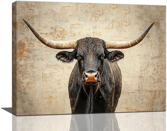 Rustic Highland Cow Pictures Wall Art, Farmhouse Longhorn Bull Bathroom Wall Decor Black Cow Framed Painting Canvas Artwork for Bathroom Bedroom Living Room Decorations 16"L x 12"W