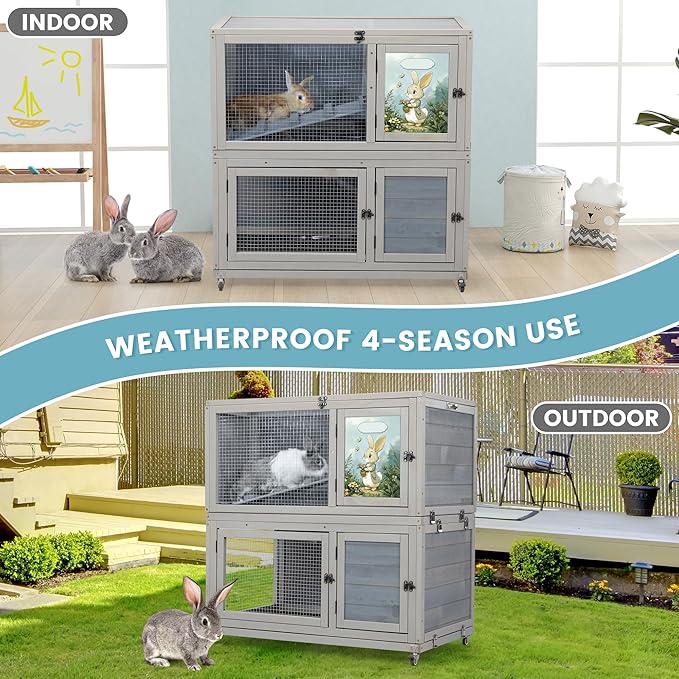 2-Story Wooden Rabbit Hutch for Outdoor & Indoor, Bunny Cage Rabbit House with Wheels, Trays, Ramp, Pet Home for Guinea Pigs, Chickens, Chicken Coop, Gray with Colorful Patterns