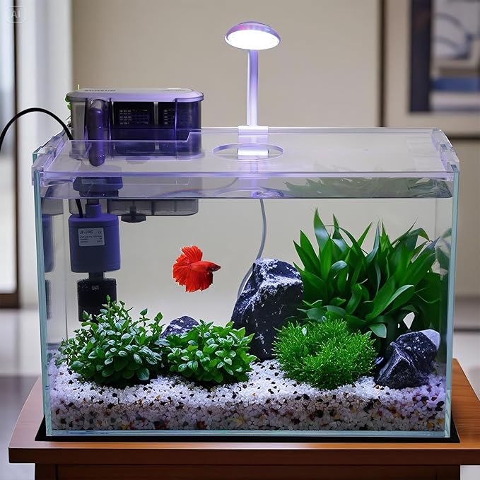 5 Gallon Glass Small Fish Tank, Betta Fish Tank Starter Kit with Filter, Lights, Lid.