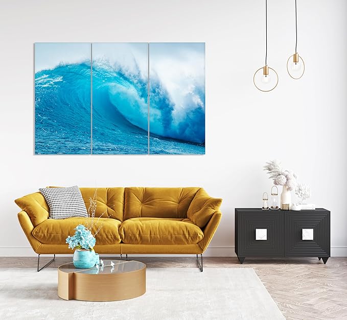 Nature Wall Art Prints - Ocean Forest Mountain Lake Canvas Landscapes - Small to Extra Large Living Room Bedroom Kitchen Bathroom Décor (Blue Ocean Wave, 39L" x 59W" - 3 Panels)