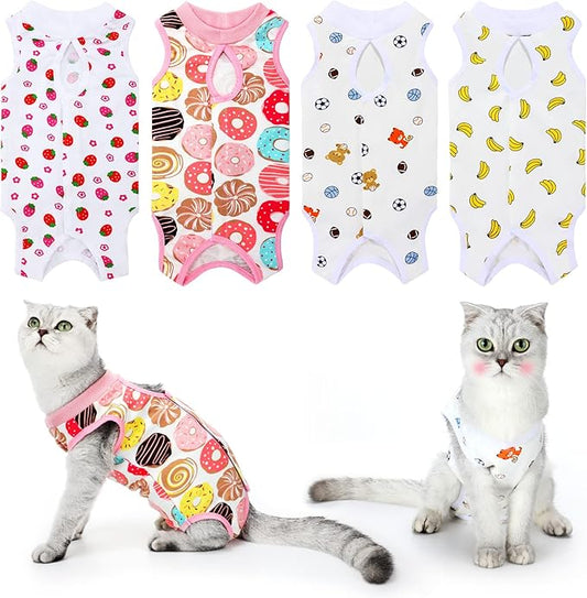 4 Pieces Cat Recovery Suits Body Wraps Breathable Kittens Recovery Clothes for Cats Small Dogs Abdominal Weaning(Banana, Football, Strawberry, Donut,L)