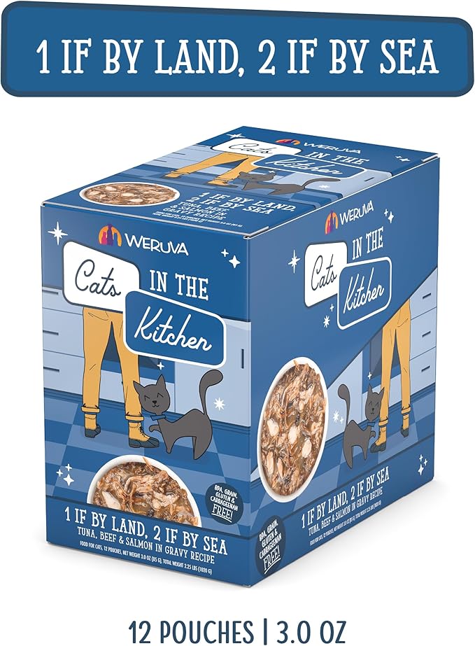 Weruva Cats in The Kitchen, 1 if by Land, 2 if by Sea with Tuna, Beef & Salmon in Gravy Cat Food, 3oz Pouch (Pack of 12)
