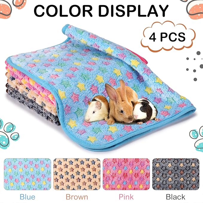 4 Pcs Waterproof Guinea Pig Blankets Washable Small Animal Fleece Bedding Absorbent Guinea Pig Cage Liners Reusable Pet Pee Pad Sleep Mat Pad Cover for Hamster Ferret (Star Pattern)