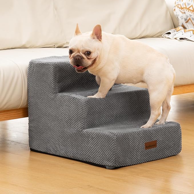Dog Stairs for Small Dogs & Cats, 3-Step Non-Slip Pet Steps for Couch Sofa and Chair, Grey, 13.6" H