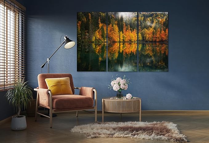 Nature Wall Art Prints - Ocean Forest Mountain Lake Canvas Landscapes - Small to Extra Large Living Room Bedroom Kitchen Bathroom Décor (Autumn by the Lake, 55L" x 83W"- 3 Panels)