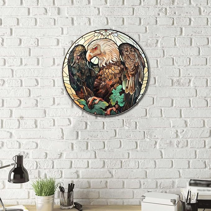 Lygond Metal Sign Tin Sign Circular Stained Glass Vulture Vintage Decor for Patio 8×8 Inches
