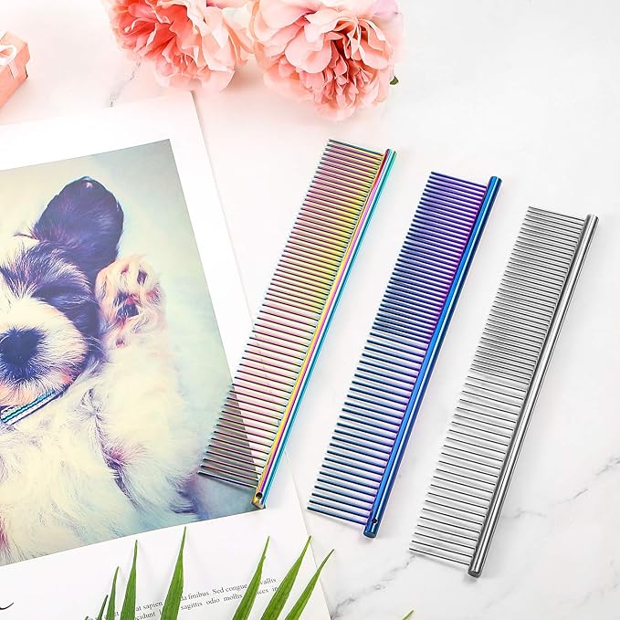 3 Pcs Stainless Steel Combs for Matted Hair - Grooming Clippers with Guide Combs for Removing Tangles and Knots in Long Haired Dogs and Cats