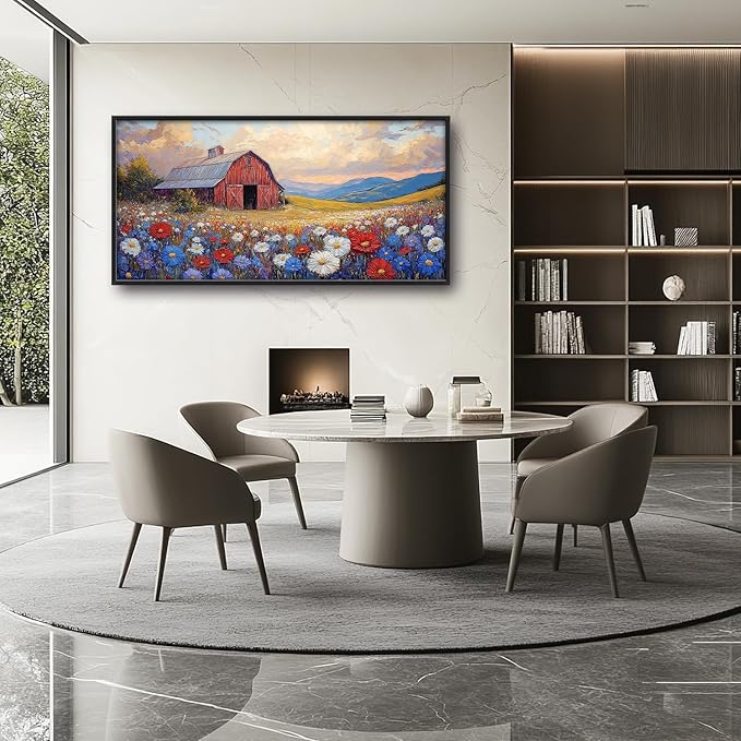 Large Farmhouse Barn Daisy Wall Art for Living Room, Floral Landscape Canvas Oversized Wall Decor, Flower Scenery Framed Pictures Painting Print Artwork for Bedroom Office 60"L x 30"W