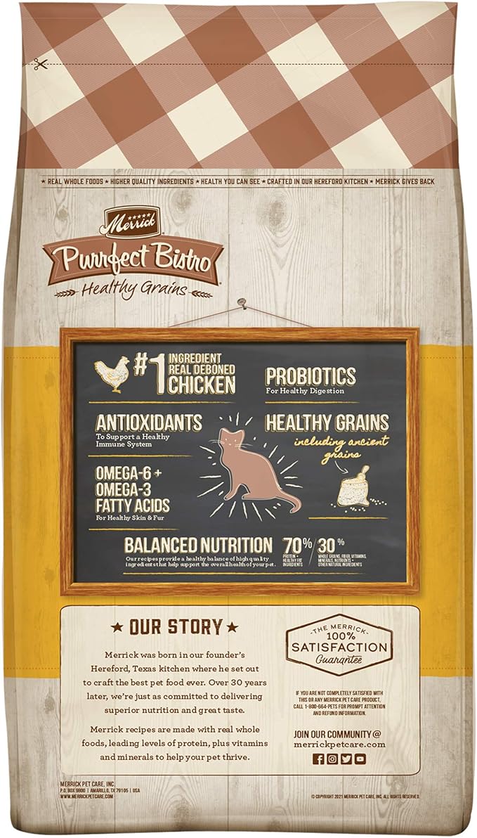 Merrick Purrfect Bistro Premium Healthy Grains Dry Cat Food For Adult Cats, Real Chicken And Brown Rice Recipe - 7.0 lb. Bag