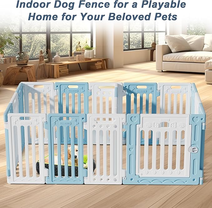 2 Room Dog Playpen with Door,DIY Shape Combination Puppy Pen,16-Panel+2 Link Piece+Large Door+Small Door,25.5" H Dog Fence,Non-Slip&Secure Pet Gate,Easy to Assemble,Blue+White