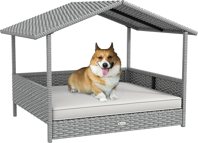 PawHut Wicker Dog House Outdoor with Canopy, Rattan Dog Bed with Water-Resistant Cushion, Raised Dog Bed for Small, Medium Dogs up to 66 lbs, 19.75" in Length, Silver Wicker, White Cushion