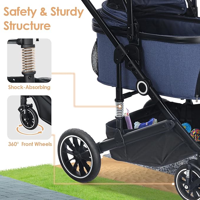 Pet Stroller with 4 Wheels, 3 in 1 Folding Puppy Strollers for Small/Medium Dogs Cats up to 50lbs, Lightweight Pet Travel Carrier with Detachable Cushion, Storage Basket and Cup Holder, Blue